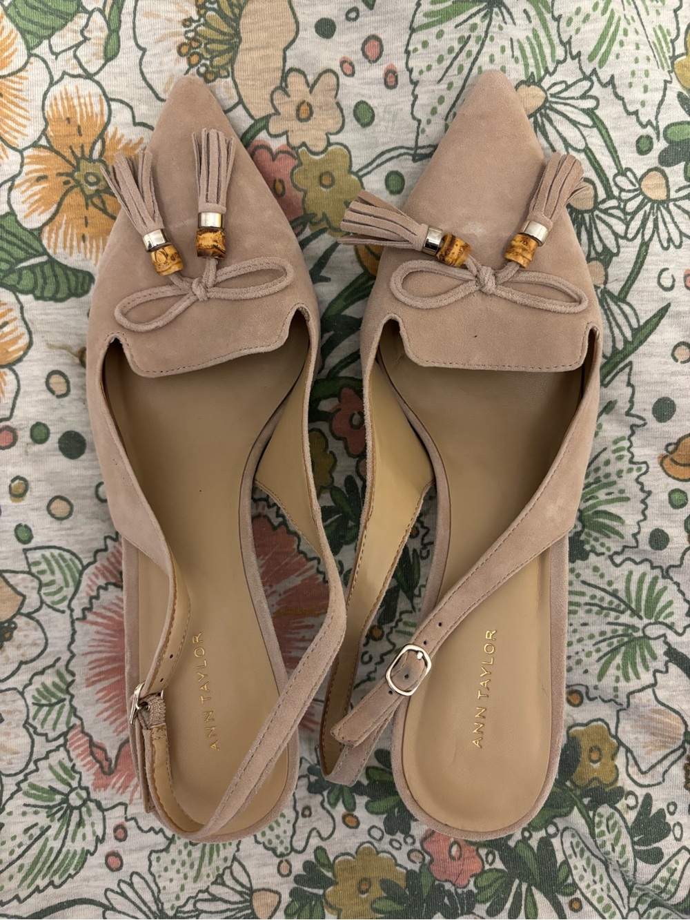 Ann Taylor Taupe Suede Tassel Pointed-Toe Slingback Flats